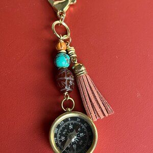 Bag Charm with Working Compass, Carved Carnelian Bead, Tassel, Purse Charm